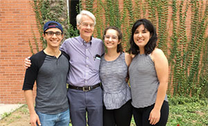 Dr. Burris “Duke” Duncan with students on the last day of his class, Biology and Public Health. From left: Edgar Villavicencio, Erika Rodriguez-Guzman, and Soar Dabdoub.